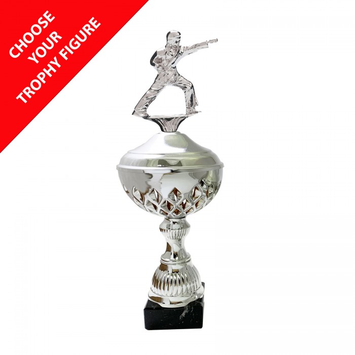  METAL FIGURE TROPHY WITH CUTOUT DESIGN CUP  - AVAILABLE IN 4 SIZES